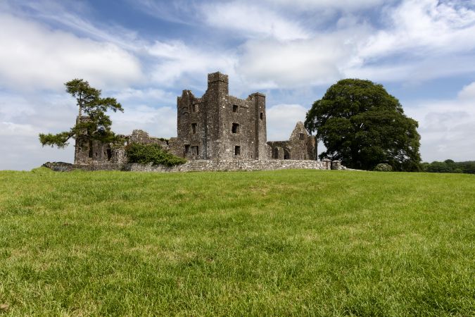 Ancient Irish castle in grass field