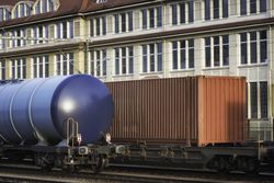 Freight wagons train on railway tracks