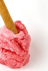 Strawberry ice cream scoops with waffle stick