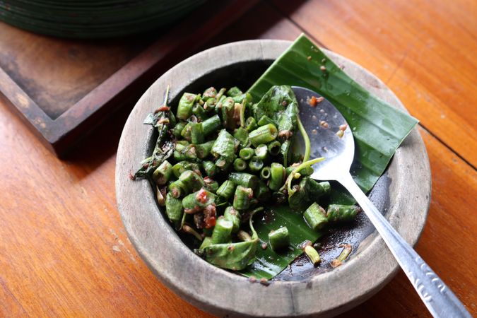 Pencok Kacang Panjang. Simple Sundanese Salad Made of Chopped Fresh Long Beans