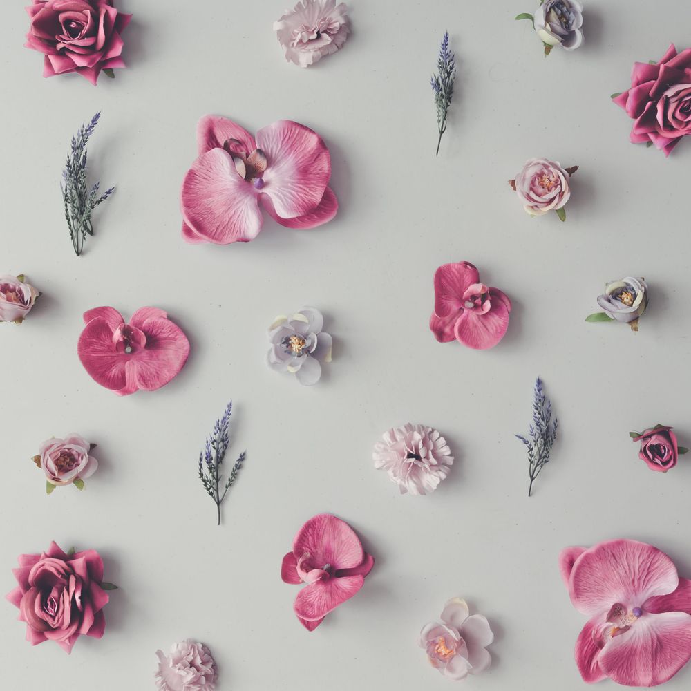Pink and violet flowers on marble background