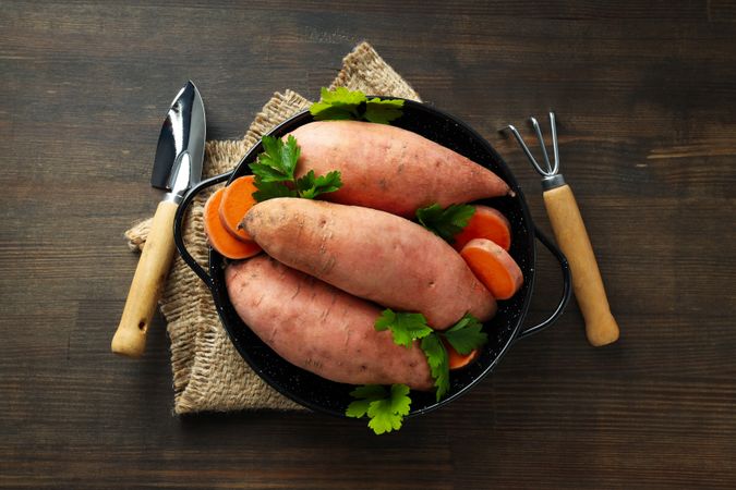 Concept of vegetables, sweet potato, top view