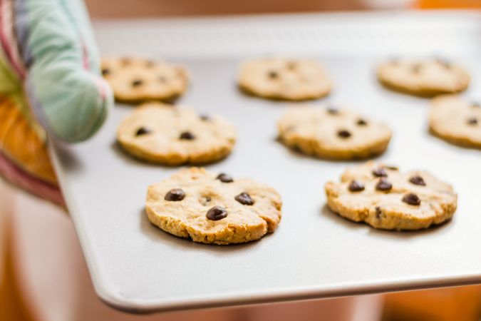 Woman holding a tray with baked cookies with kitchen gloves