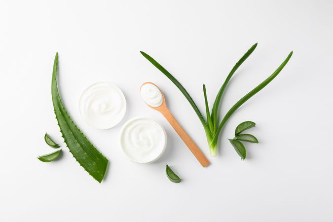 Flat lay composition with natural treatment accessories on plain background, space for text. Aloe vera