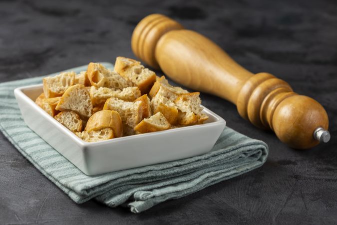 Delicious crunchy croutons on the table.