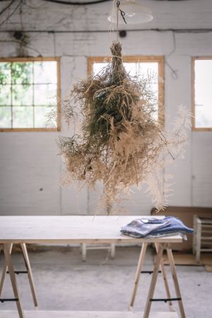Bunch of plant hanging on thread in room with table