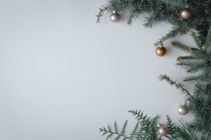 Christmas tree branch bordering left of light background with golden bauble decorations