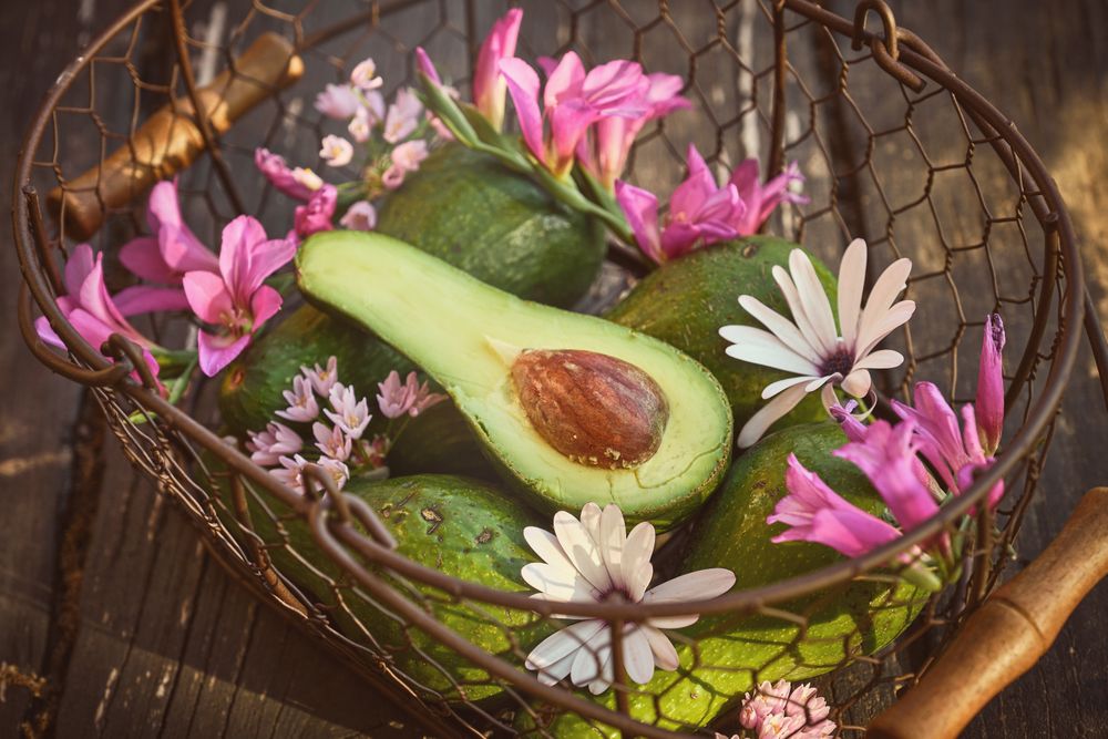 Fresh green avocado with flowers in basket