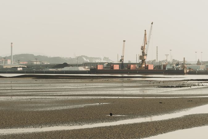 Industrial landscape with sea bay and port cranes