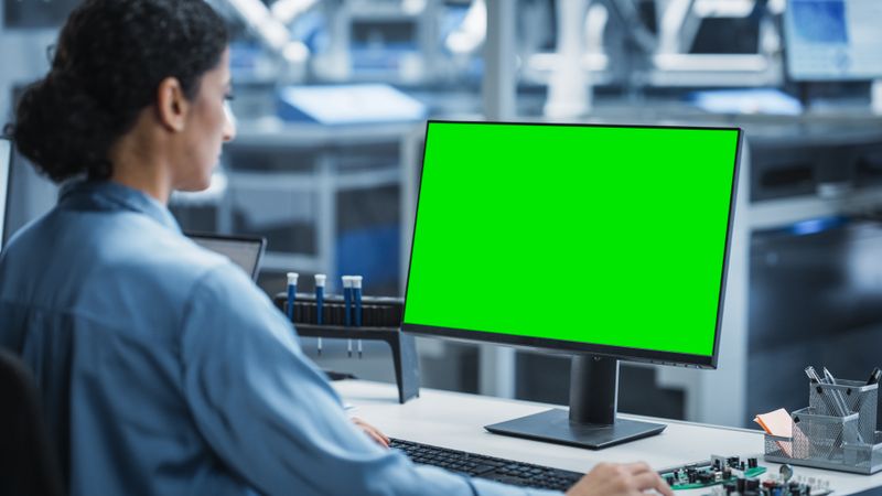 Hispanic Female Robotics Engineer Using Desktop Computer with Green Screen Chromakey Mock Up Display in Factory Office.