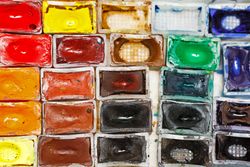 Looking down at watercolor paints
