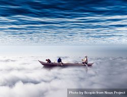 Illustration of people on a boat floating on a cloud under sea horizon 437Oj4