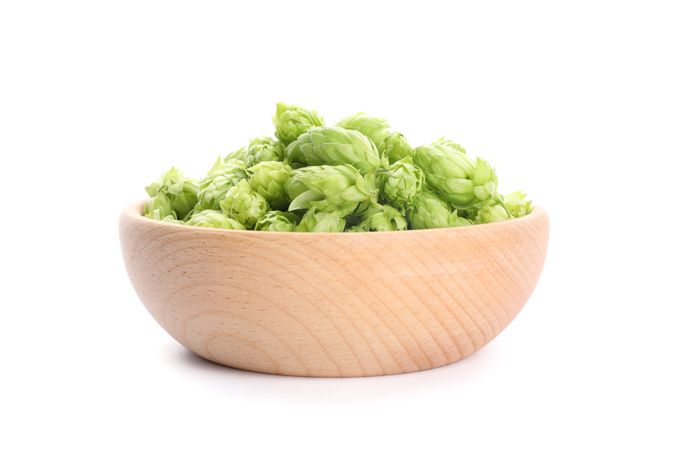 Wooden bowl with hop cones isolated on plain background