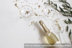 New year party, celebration with bottle of champagne wine, drinking glasses and olive branches 41QqO4