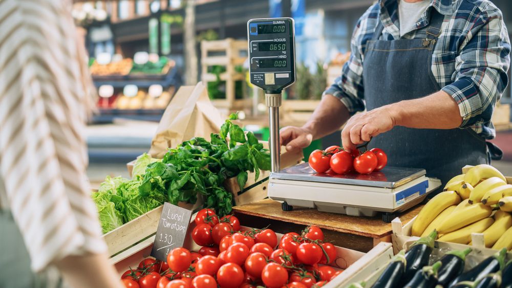 Male Welcoming a Female Shopper to Buy a Vine of Tomatoes From an Organic Farm