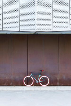Red and green bicycle parked against a brown wall, vertical