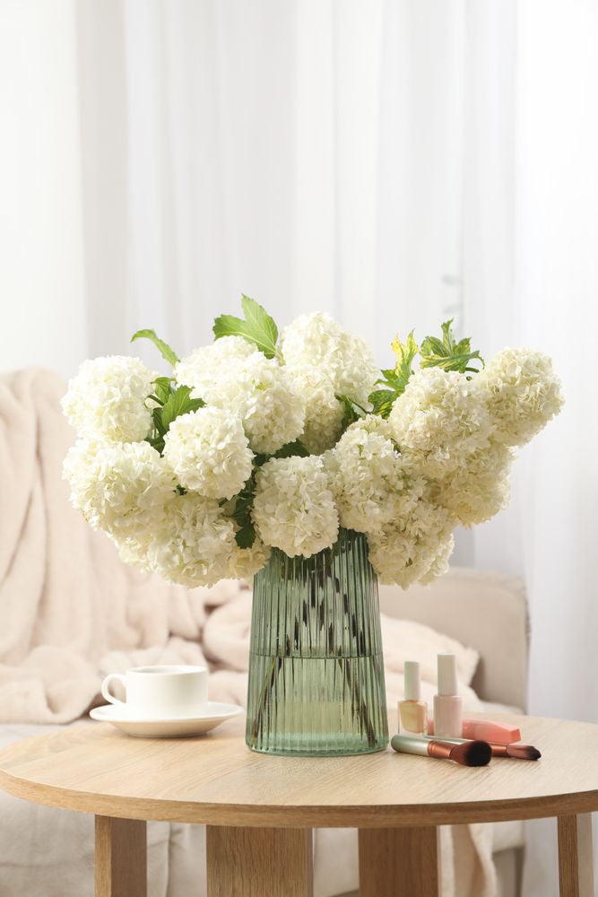 Composition with hydrangea flowers, cup of coffee and cosmetics. Spring plant