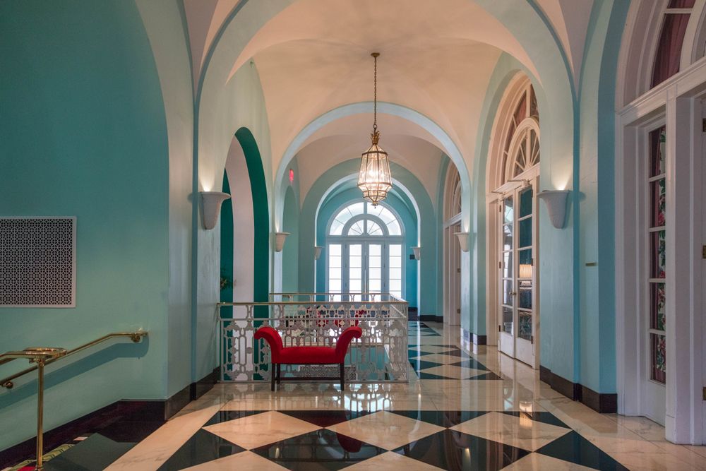 Blue hallway at the Greenbrier Hotel, West Virginia