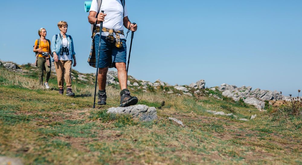 Group of people trekking on beautiful day