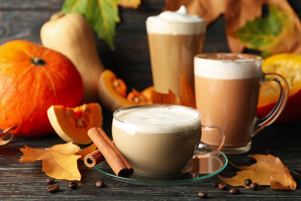 Composition with pumpkin latte, cinnamon and pumpkin on wooden background