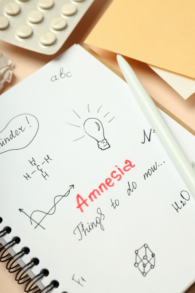 Flat lay of notebook with reminders for person with amnesia, vertical
