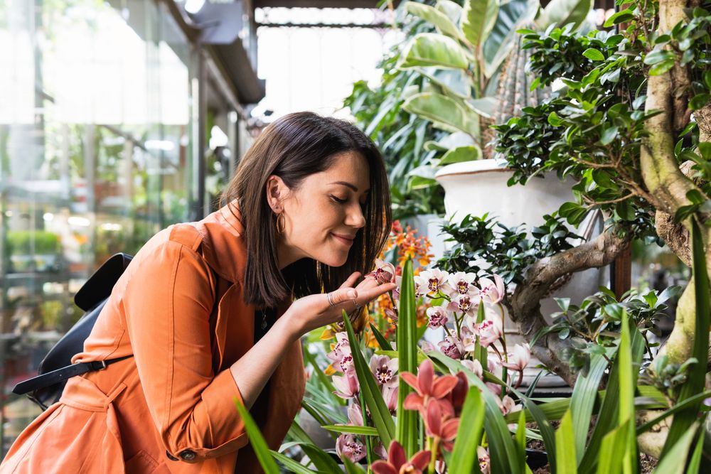 Cheerful woman choosing flowers in garden center