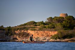 Female athlete taking Cobra pose on paddleboard in sea