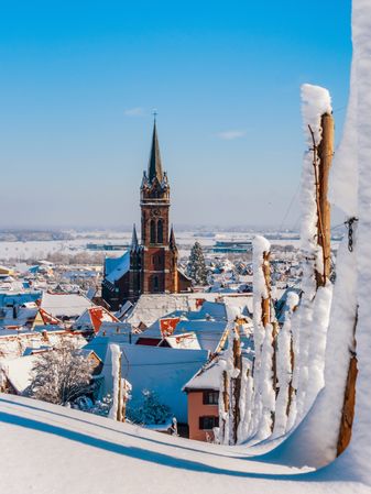 An old Alsatian town under the snow. The bell tower of the cathedral and the roofs of medieval houses.