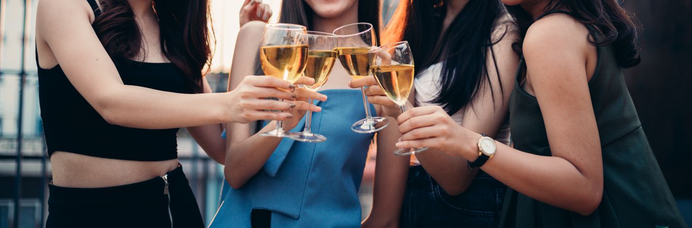 Banner of women gathering and toasting glasses of wine at party