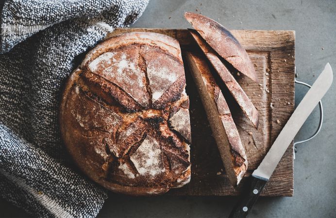 Freshly baked sourdough bread loaf, sliced