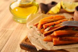 Concept of tasty food, fried sweet potato, space for text