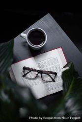 Framed eyeglasses on open book beside cup of coffee on a table 5pKxy0
