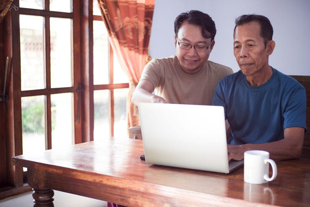 Father and son with laptop