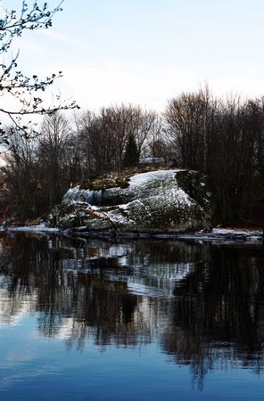 Frosted bank of river with bare trees