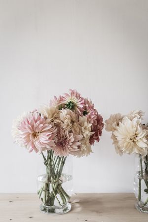 Bunches of flowers in vases on table