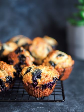 Homemade blueberry muffins on cooling rack over dark background.