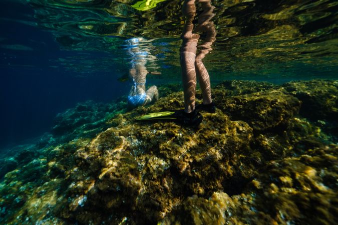 Anonymous couple exploring depth of blue sea during diving