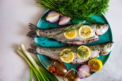 Top view of uncooked trout fish ready for cooking