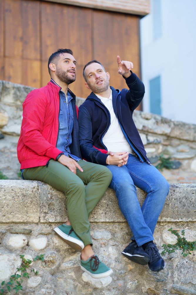 Cute male couple looking at something in the distance