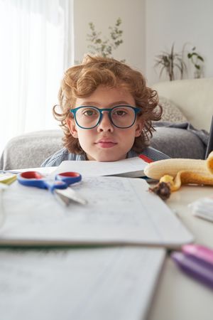 Cute boy sitting with stationery and books at table in living ro