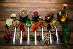 Set of various spices on table