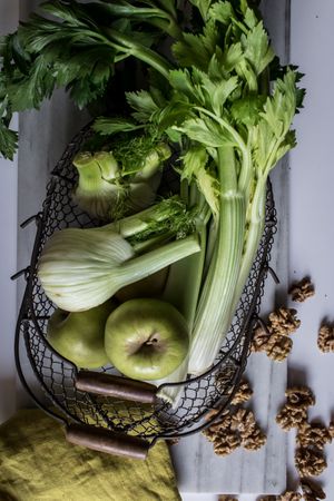 Green vegetables, fruits and nuts for cooking