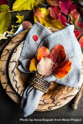 Autumnal place setting with yellow and red leaves on rustic background with copy space 0PKO7b