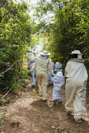 Company of kids in protective costumes in apiary