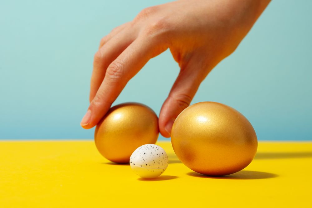 Pension rewards, returns and investment funding concepts, golden eggs
