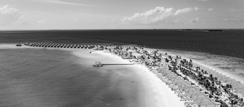 Wide shot of Maldives beach with holiday villas in monochrome