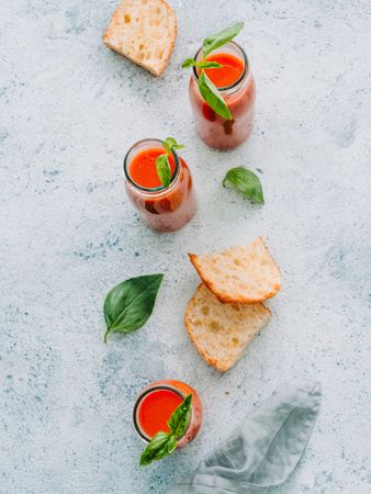 Served bottles with gazpacho sop and toasts