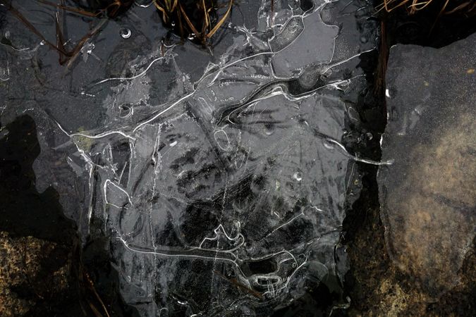 Fragment of thin ice on dark frozen river
