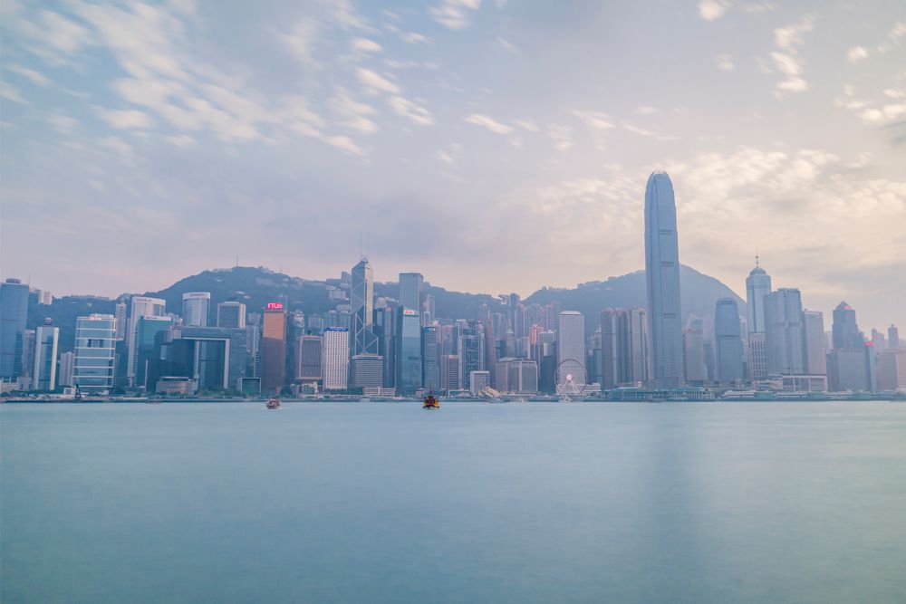 Hong Kong city covered with smog at sunset