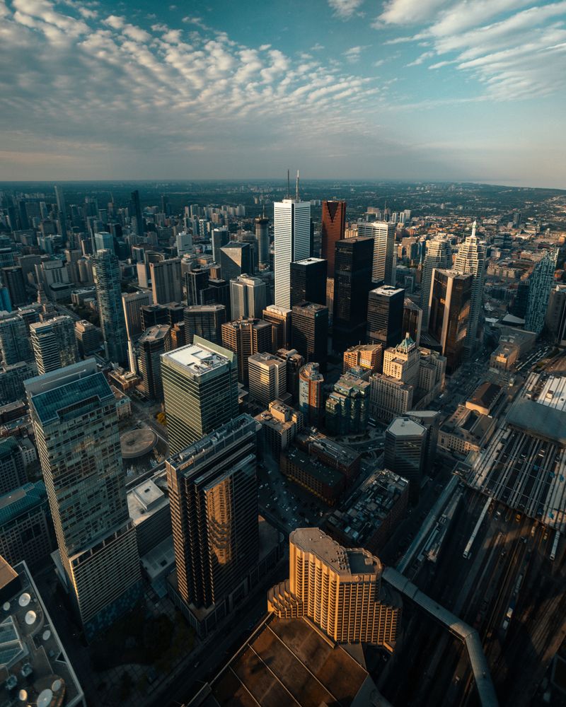 Aerial view of Toronto, Ontario, Canada at sunset